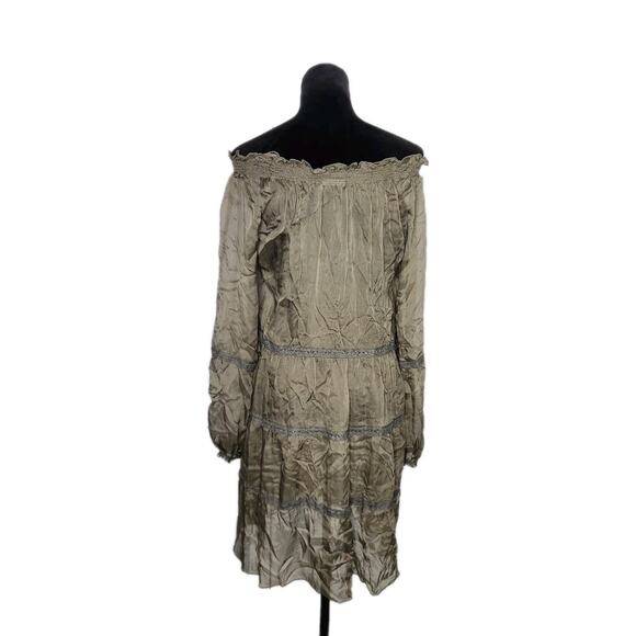 Josie Natori 100% Silk Green Tiered Sheer Off the Shoulder Mini Dress size 8 - Picture 3 of 7